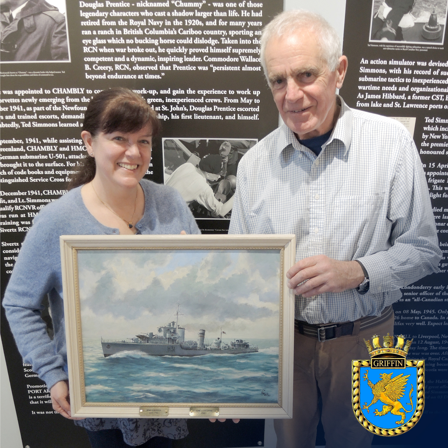 Alan Dennis presents a painting of Royal Navy vessel HMS Griffin to Tatiana Robinson, CFB Esquimalt Naval and Military Museum Curator, Nov. 17.
Photo: Peter Mallett/Lookout