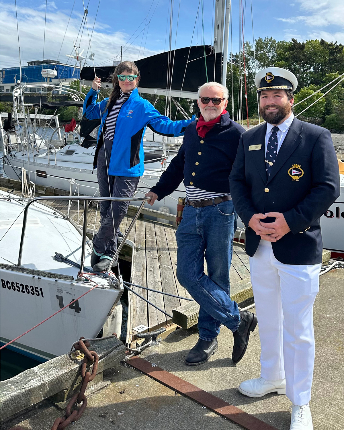CFSA Commodore MS Ben Spoule greets Marisha Schaefer and Charles Wilton. Credit: Kurtis Paddle/CFSA