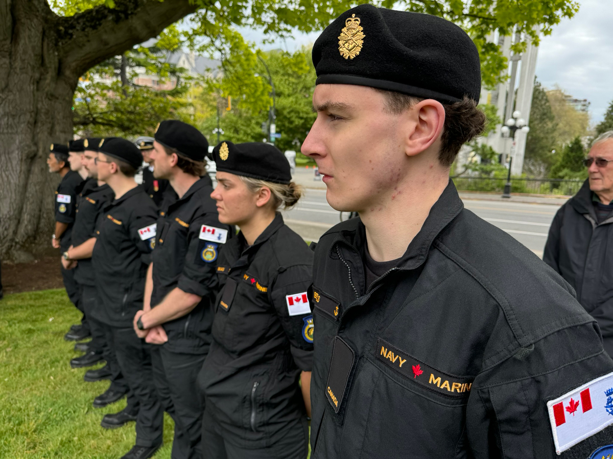 Sailor 3rd Class (S3) Elliot Beels (right) and S3 Isabelle Maguet (left) stand in formation next to HMCS Malahat’s other junior members during the Battle of the Atlantic Sunday service in downtown Victoria on May 5. Photo: Lt(N) Donald Den, HMCS Malahat PAO