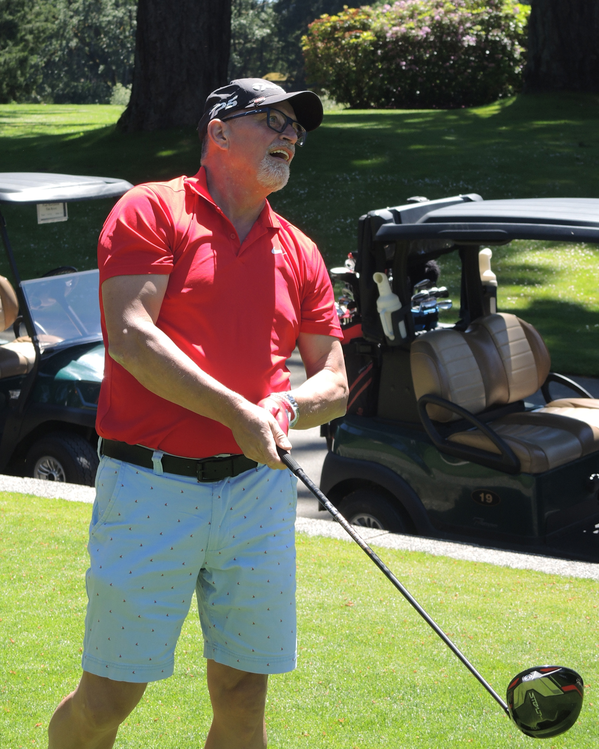 Royal Canadian Air Force NWO (ret’d) Dave Hickey watches his shot from the first tee during the Broadmead Care Charity Golf Tournament, June 6 at the Royal Colwood Golf Club.