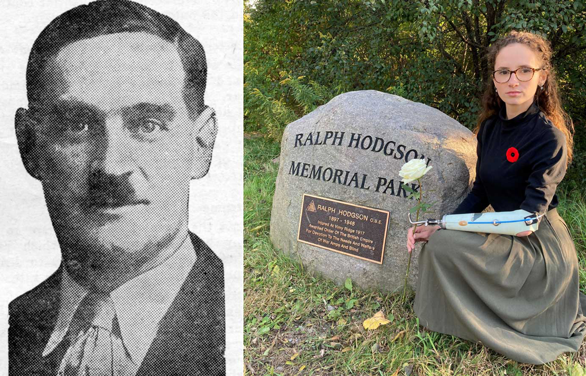 A gauche : Ralph Hodgson.
Photos : Amputés de guerre Canada
Droit : Rachel Quilty, diplômée du Programme des enfants amputés de guerre (CHAMP), rend hommage à Ralph Hodgson, ancien combattant amputé de la Première Guerre mondiale, au parc commémoratif Ralph Hodgson à Port Hope, en Ontario.
